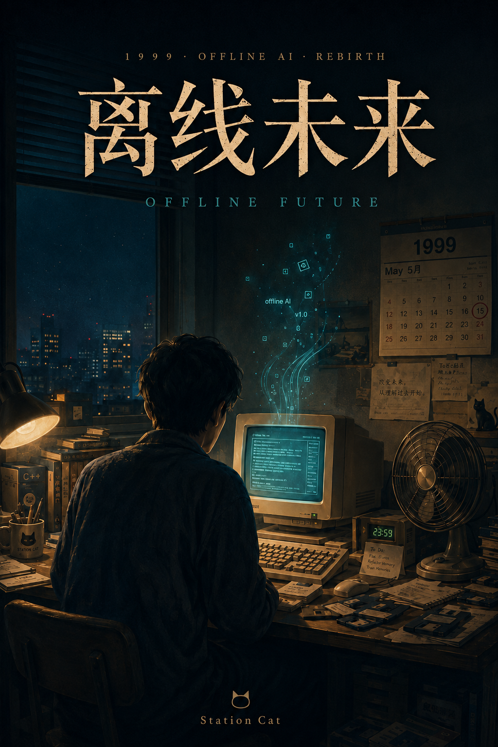 《离线未来》封面，1999 年旧房间、CRT 电脑和离线 AI 重启。
